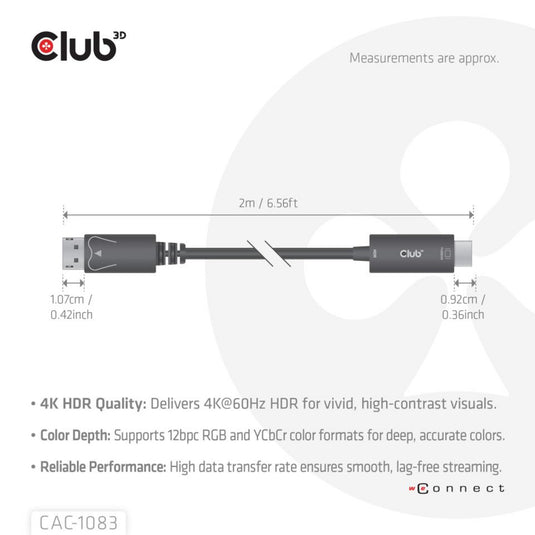 Club 3d displayport 1.4 to hdmi 4k60hz kabel adapter (zwart, hdr m m 2m)