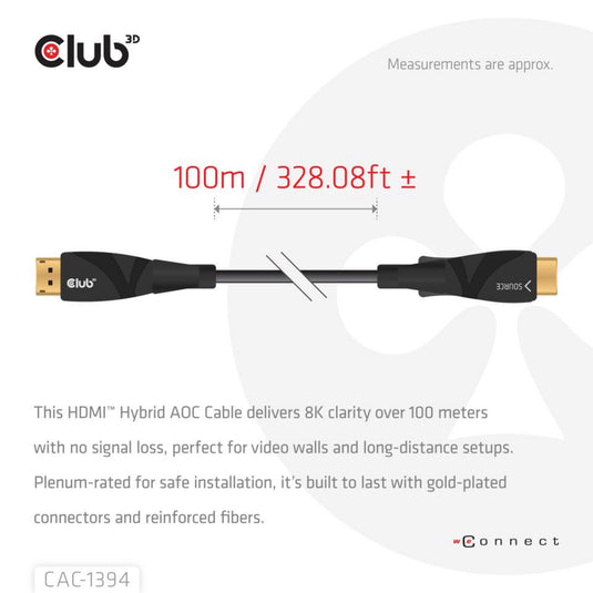 Club 3d hdmi hybrid aoc cable 8k60hz 4k120hz, 100 m kabel (zwart)