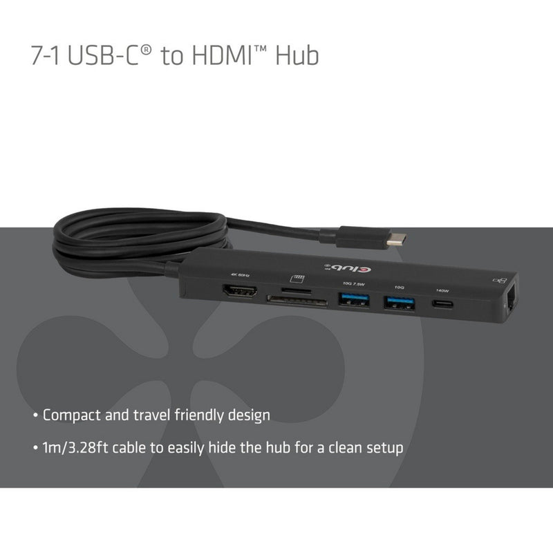 Afbeelding laden in galerijviewer, Club 3d csv-2555 7-1 usb-c naar hdmi hub (zwart, 4k60hz, pd3.1 140w, usb-a, usb-c, lan, microsd)
