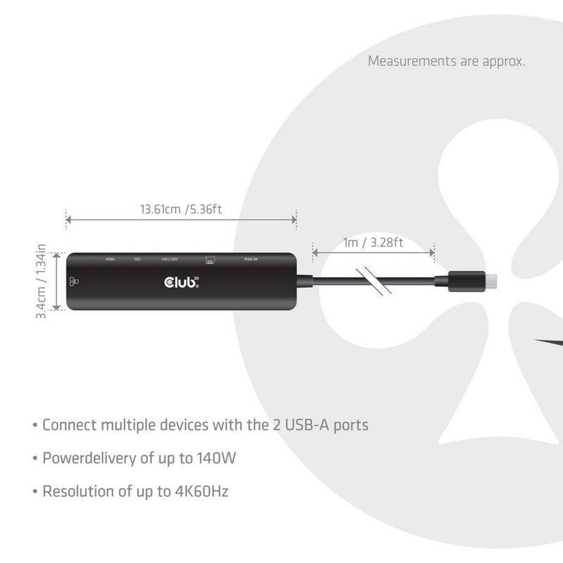 Afbeelding laden in galerijviewer, Club 3d csv-2555 7-1 usb-c naar hdmi hub (zwart, 4k60hz, pd3.1 140w, usb-a, usb-c, lan, microsd)
