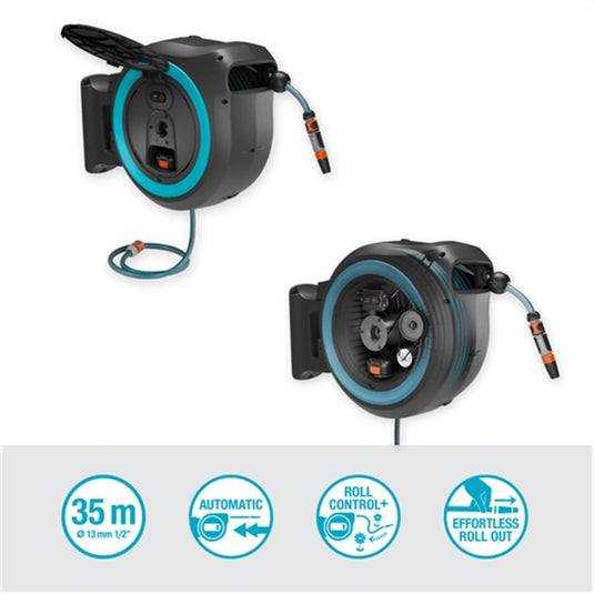 Gardena 35 m wand-slangenbox powerroll xl slanghaspel (grijs turquoise, 35 meter, accu en oplader inbegrepen, power for all alliance)