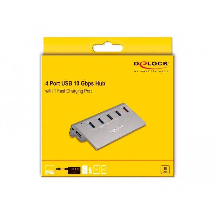 Load image into Gallery viewer, Delock usb-hub 10 gbps met 4 usb-a + 1 quick charge poort (grijs, incl. voeding)
