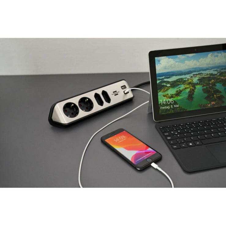 Load image into Gallery viewer, Brennenstuhl estilo hoekstekkerdoos 4-voudig stekkerdoos (zwart roestvrij staal, 2x usb)
