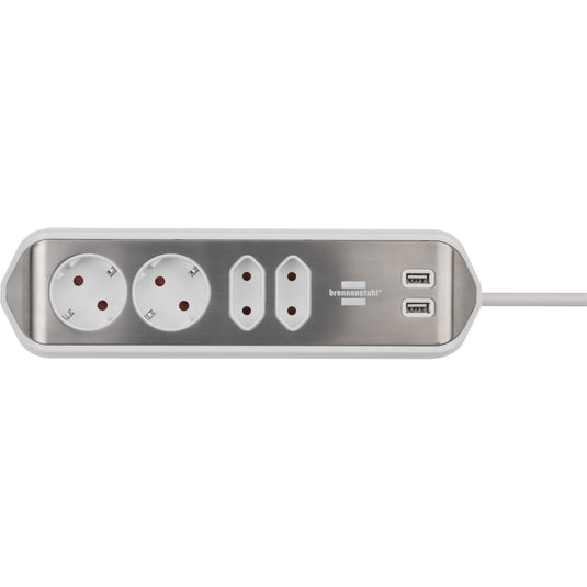 Brennenstuhl ®estilo hoekaansluitdoosstrook met usb laadfunctie 4-weg 2x beschermende contactdozen 2x euro zilver wit