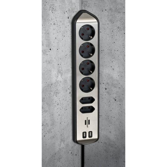 Brennenstuhl ®estilo hoekaansluitdoosstrook met usb laadfunctie 6-weg 4x b eschermend contactdoos 2x euro zilver zwart