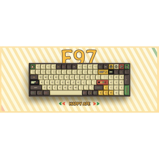 Iqunix f97 happy ape wireless mechanical keyboard, gaming toetsenbord (bruin geel, us lay-out, iqunix moonstone turbo, rgb leds, 96%, hot-swappable, pbt, 2.4ghz | bluetooth 5.1 | usb-c)