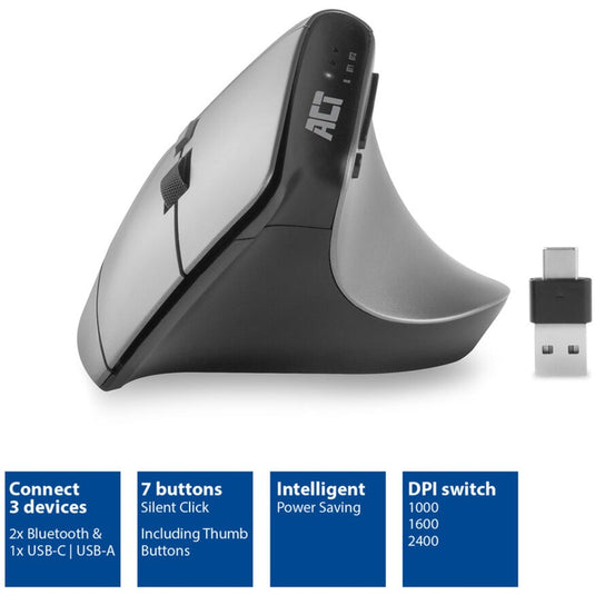 Act connectivity draadloze ergonomische muis met bluetooth en usb-c usb-a (zilver zwart, 1000 - 2400 dpi)