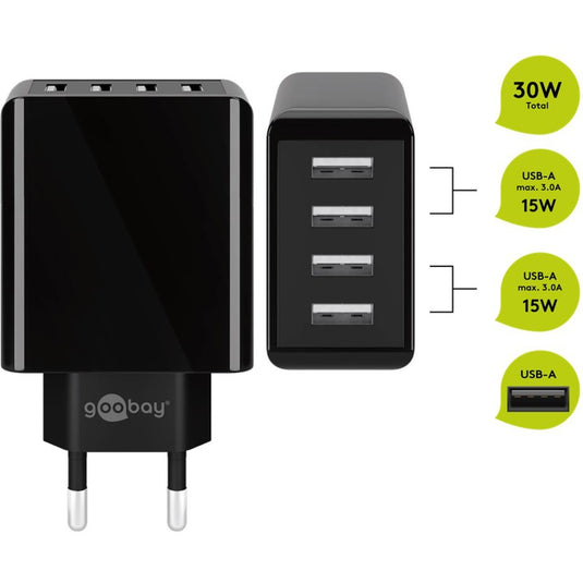 Goobay 4-way usb charger (30 w) (zwart, 4x usb-a)