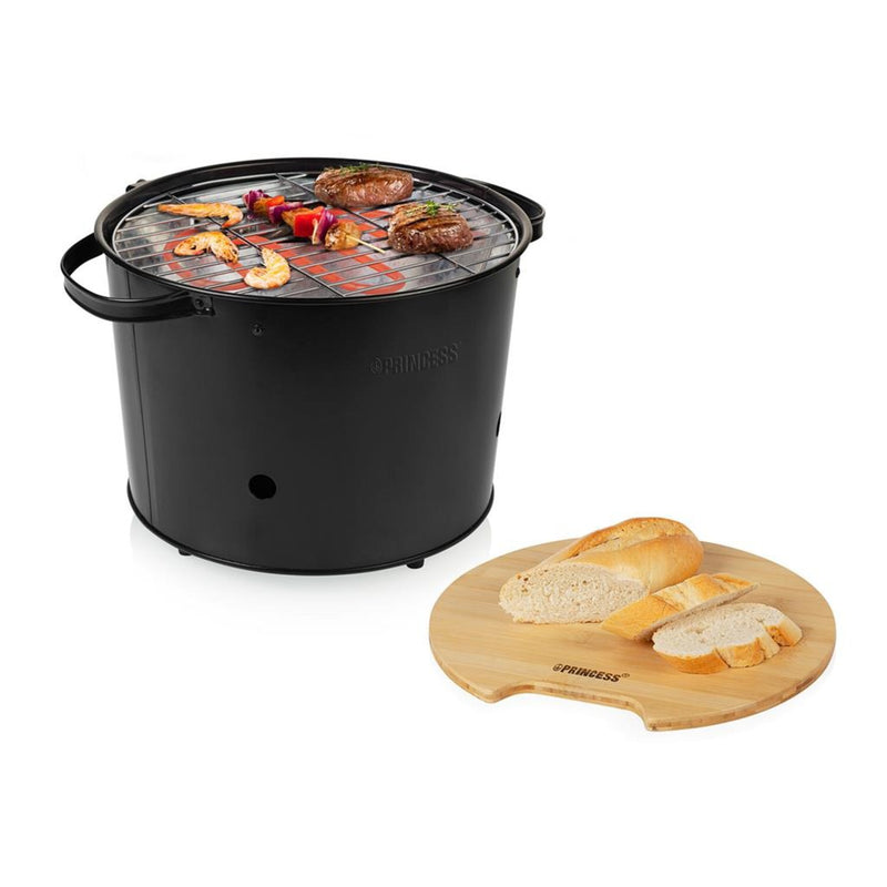 Afbeelding laden in galerijviewer, Princess 112240 hybrid bucket barbecue | elektrisch | houtskool (zwart, ø 32 cm | incl. luxe bamboe serveer- en snijplank)
