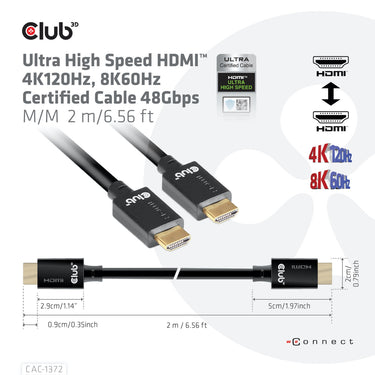 Club 3d ultra high speed hdmi 2.1 gecertificeerde kabel male-male (zwart, 2 meter, 4k 120hz, 8k 60hz, 48gbps)