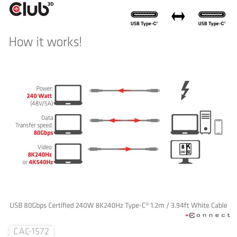 Load image into Gallery viewer, Club 3d gecertificeerde usb-c kabel (wit, 1,2 meter, 240 w)
