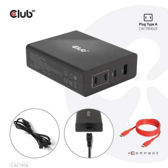 Club 3d travel charger 132w gan technology, four port usb type-a and -c (zwart, power delivery(pd) 3.0)