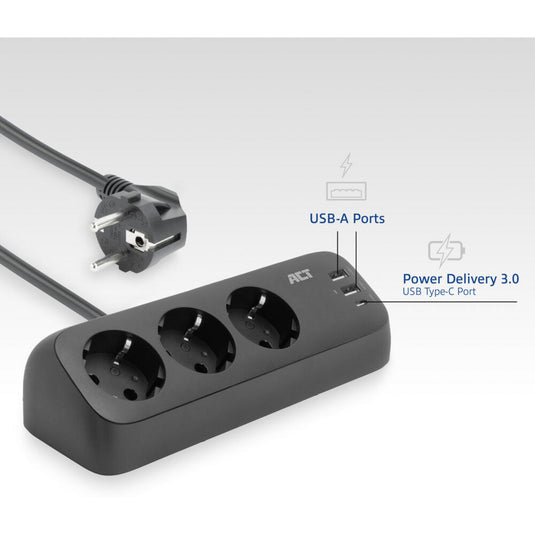 Act connectivity act stekkerdoos met 3 type-f stopcontacten, 30w power delivery, usb type-c a poorten, kabellengte 1,5 meter ac2480