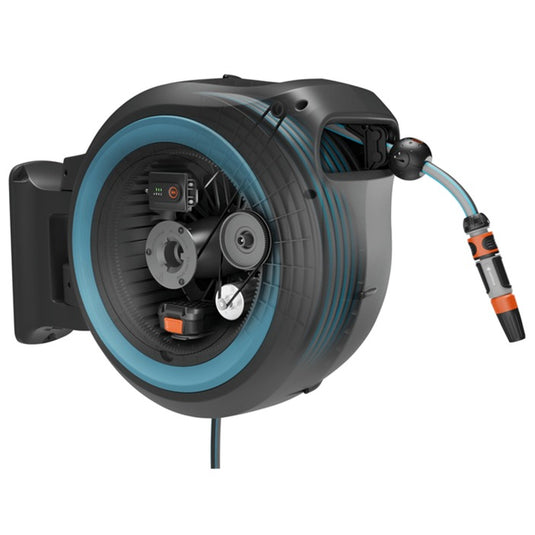 Gardena 35 m wand-slangenbox powerroll xl slanghaspel (grijs turquoise, 35 meter, accu en oplader inbegrepen, power for all alliance)