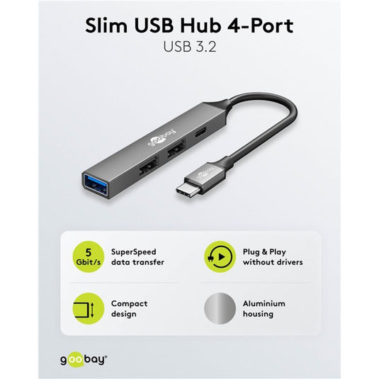 Goobay slanke usb-hub met 4 poorten, usb-c naar usb-c usb-a, 5 gbit s (lichtgrijs)