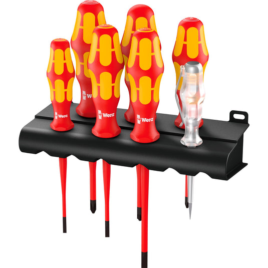 Wera 160 is 7 schroevendraaierset kraftform plus serie 100 (rood geel, eenpolige fasetester, houder, 7‑delig)