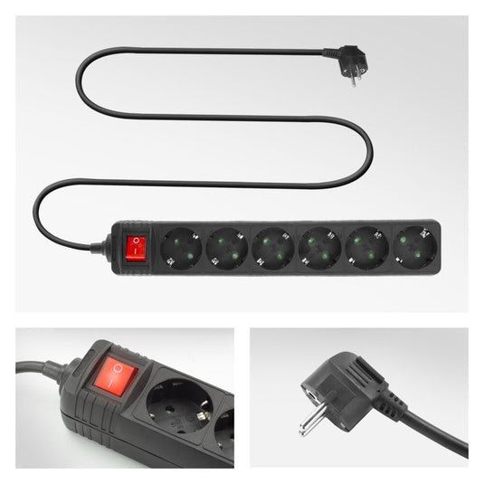 Act connectivity stekkerdoos met lichtgevende schakelaar, 6 sockets, 3 m, zwart stekkerdoos (zwart)