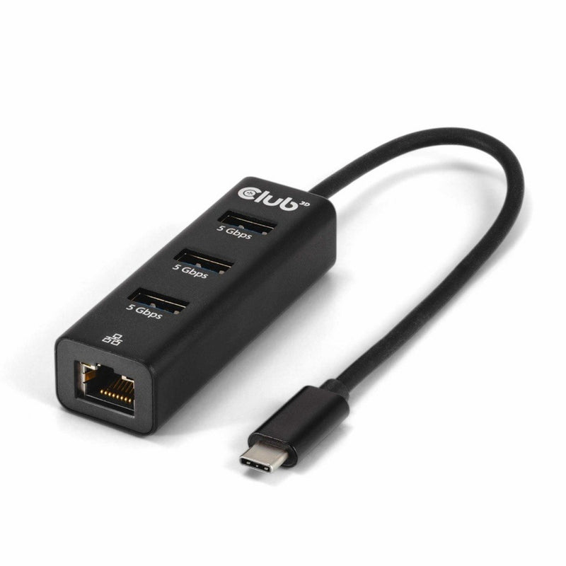 Afbeelding laden in galerijviewer, Club 3d usb-c 5 gbps naar 3 poorten usb type-a-hub met gigabit ethernet adapter (zwart)
