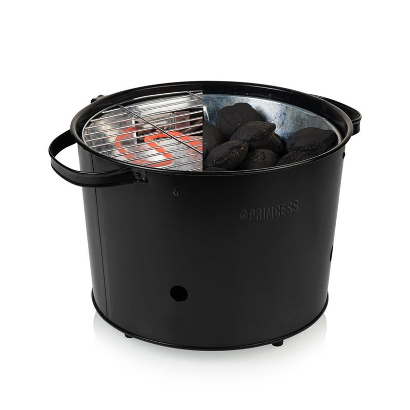 Afbeelding laden in galerijviewer, Princess 112240 hybrid bucket barbecue | elektrisch | houtskool (zwart, ø 32 cm | incl. luxe bamboe serveer- en snijplank)
