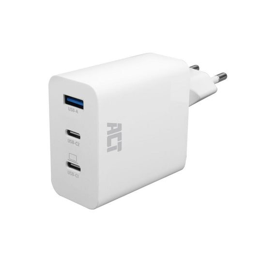 Act connectivity usb-c usb-a lader 65w 3-poorts met power delivery pps, quickcharge en ganfast (wit)