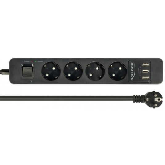Delock 4-weg stekkerdoos met usb-poorten (zwart, 4x stekker, 3x usb-a)