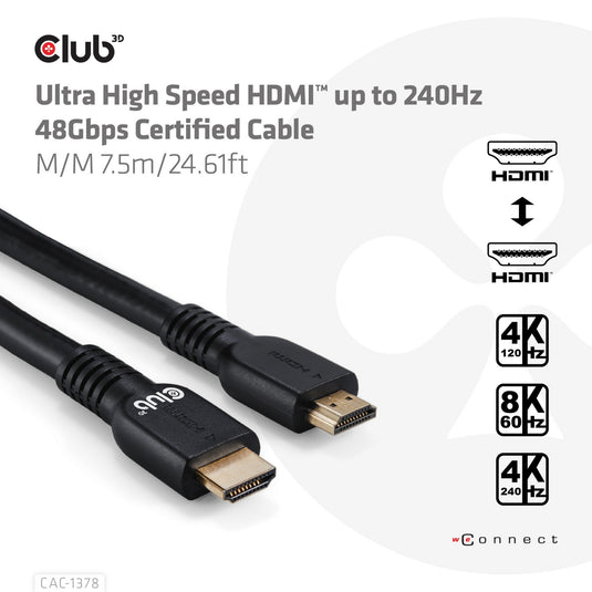 Club 3d ultra high speed hdmi 2.1 gecertificeerde kabel male-male (zwart, 7,5 meter, 4k 240hz, 8k 60hz, 48gbps)
