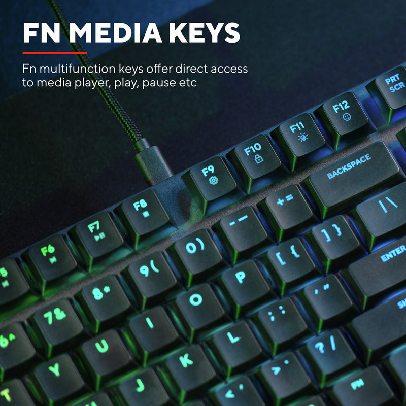 Load image into Gallery viewer, Trust gxt 866 torix mechanisch gaming toetsenbord (zwart, us lay-out (qwerty), huano red, 100%, rgb)
