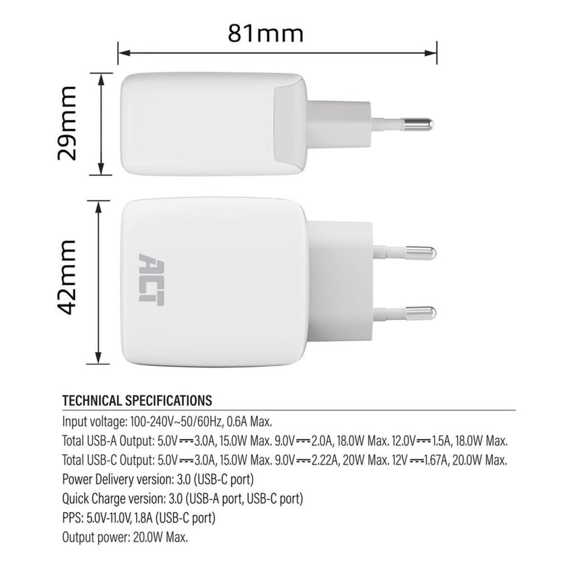 Load image into Gallery viewer, Act connectivity usb-c usb-a lader 20w met power delivery pps, quick charge, ganfast oplader (wit)
