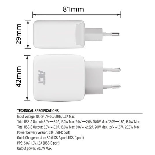Act connectivity usb-c usb-a lader 20w met power delivery pps, quick charge, ganfast oplader (wit)