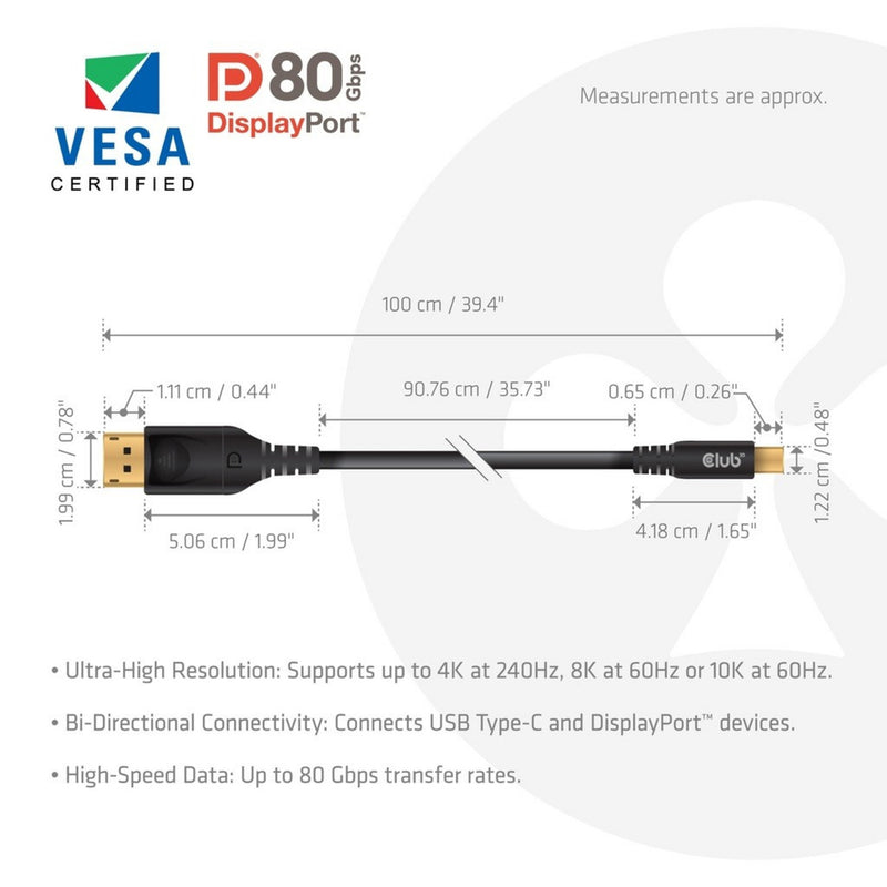 Afbeelding laden in galerijviewer, Club 3d usb-c naar displayport dp80 bidirectioneel adapter (zwart, 1 meter, vesa-gecertificeerd)

