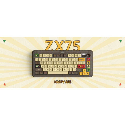 Iqunix zx75 happy ape wireless mechanical keyboard, gaming toetsenbord (bruin geel, us lay-out, ttc holy panda, rgb leds, 75%, hot-swappable, double-shot pbt, 2.4ghz | bluetooth 5.1 | usb-c)