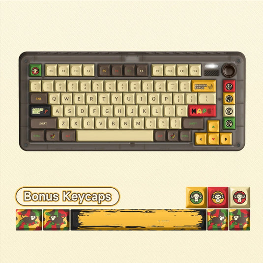 Iqunix zx75 happy ape wireless mechanical keyboard, gaming toetsenbord (bruin geel, us lay-out, ttc holy panda, rgb leds, 75%, hot-swappable, double-shot pbt, 2.4ghz | bluetooth 5.1 | usb-c)