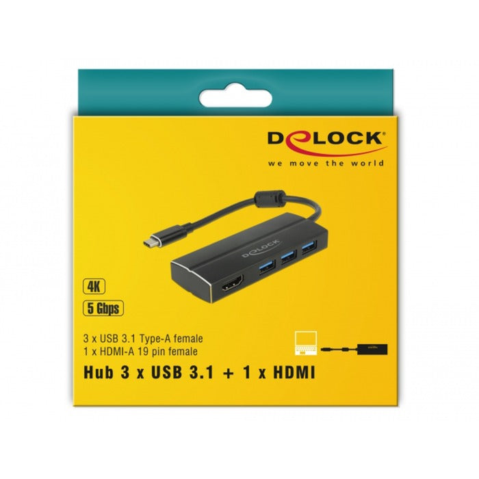 Load image into Gallery viewer, Delock usb-c 3.1 > 3x usb-a 3.0 hub + hdmi usb-hub (zwart, 0,15 meterr, 4k)
