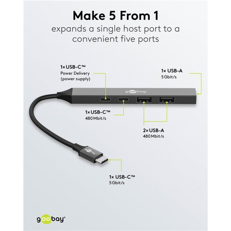 Load image into Gallery viewer, Goobay slanke usb-hub met 5 poorten, usb-c naar usb-c usb-a, 5 gbit s (lichtgrijs)
