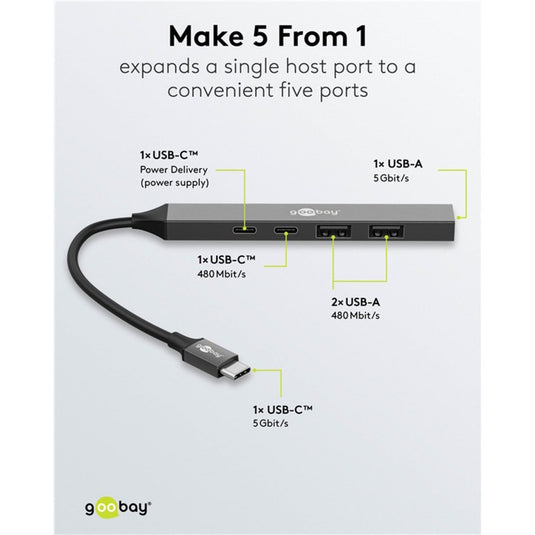 Goobay slanke usb-hub met 5 poorten, usb-c naar usb-c usb-a, 5 gbit s (lichtgrijs)