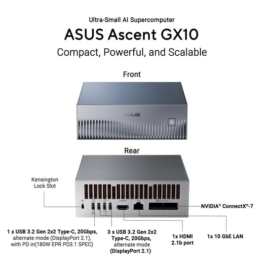 Asus ascent gx10 arm v9.2-a 128 1 mini-pc (donkergrijs | nvidia gb10 grace blackwell | dgx spark | nvlink-c2c | 128 gb | 1 tb ssd)