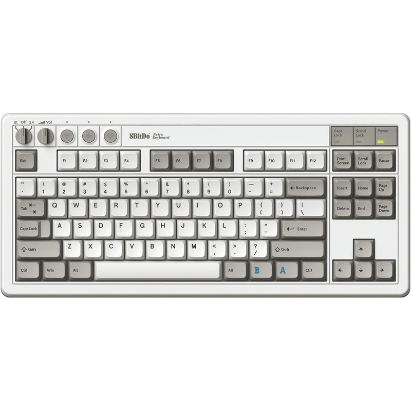 Load image into Gallery viewer, 8bitdo retro mechanical keyboard m edition (grijs, us lay-out (qwerty), kailh box white, 80% (tkl), bluetooth low energy, wireless 2.4g, usb)
