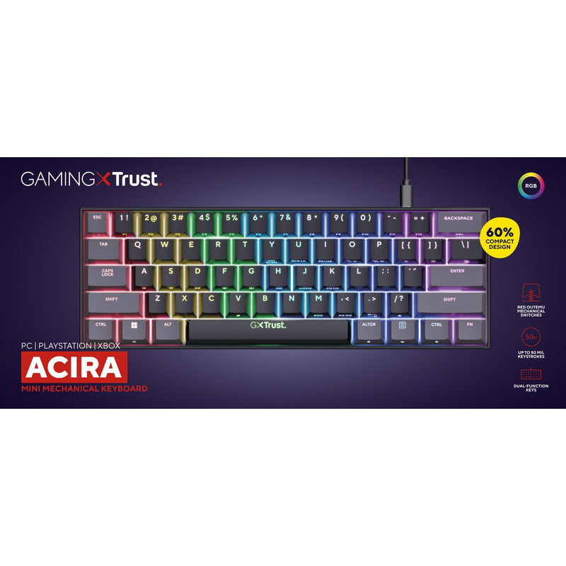 Load image into Gallery viewer, Trust gxt 867 acira 60% mini mechanisch gaming toetsenbord (zwart, us lay-out (qwerty), outemu red, 60%, rgb)
