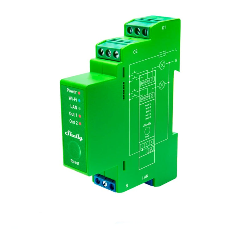 Load image into Gallery viewer, Shelly pro dimmer 2pm relais (groen, 2-kanaals, wifi, lan, bluetooth)
