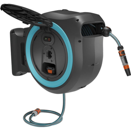 Gardena 40 m wand-slangenbox powerroll xxl slanghaspel (grijs turquoise, 40 meter, accu en oplader niet inbegrepen, power for all alliance, )