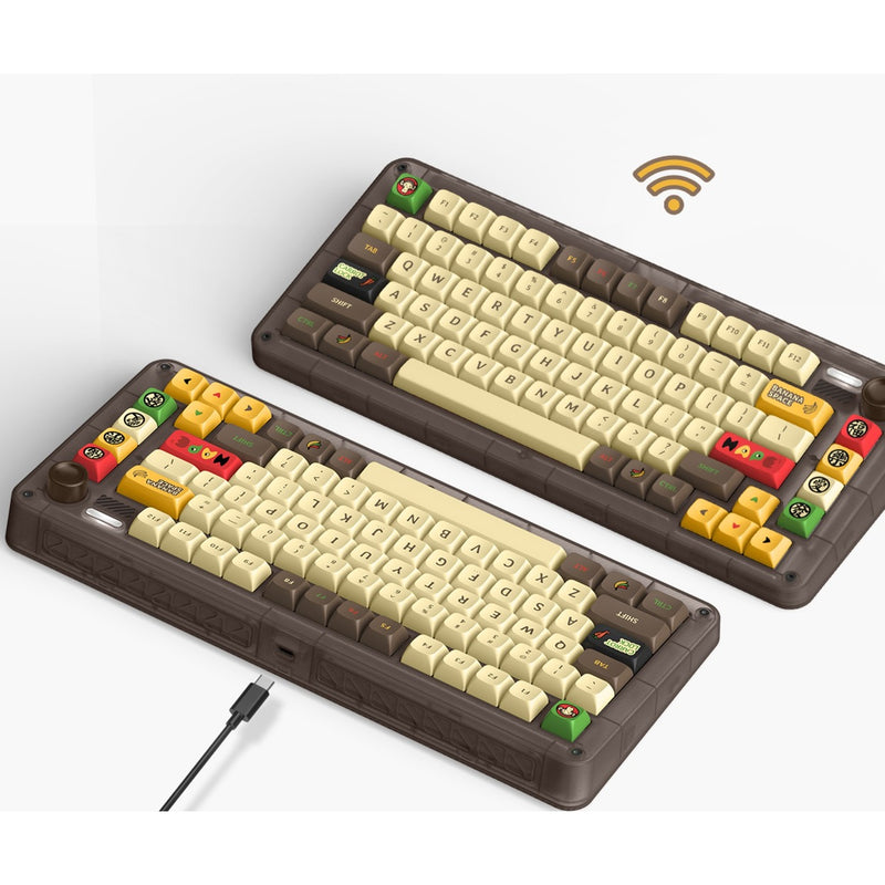 Load image into Gallery viewer, Iqunix zx75 happy ape wireless mechanical keyboard, gaming toetsenbord (bruin geel, us lay-out, ttc holy panda, rgb leds, 75%, hot-swappable, double-shot pbt, 2.4ghz | bluetooth 5.1 | usb-c)

