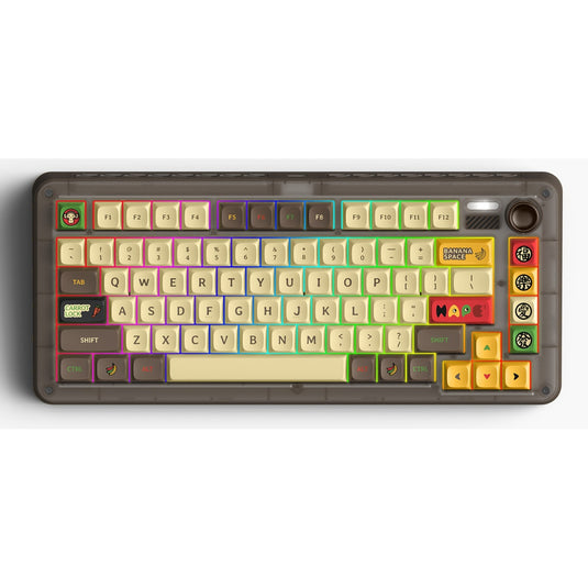 Iqunix zx75 happy ape wireless mechanical keyboard, gaming toetsenbord (bruin geel, us lay-out, ttc holy panda, rgb leds, 75%, hot-swappable, double-shot pbt, 2.4ghz | bluetooth 5.1 | usb-c)