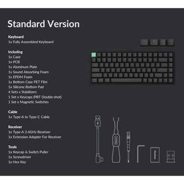 Keychron k2 he-j1 standard version rgb mechanisch toetsenbord (zwart, us lay-out (qwerty), gateron double-rail magnetic nebula, 75%, rgb, osa double-shot pbt, hot swap, 2.4ghz | bluetooth 5.2 | usb-c)