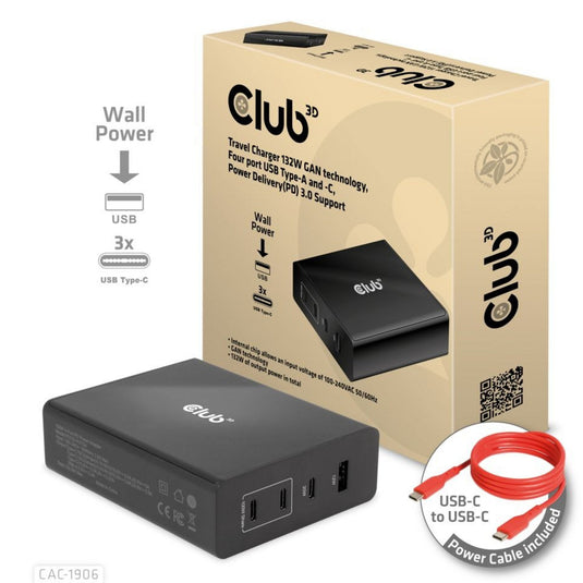 Club 3d travel charger 132w gan technology, four port usb type-a and -c (zwart, power delivery(pd) 3.0)