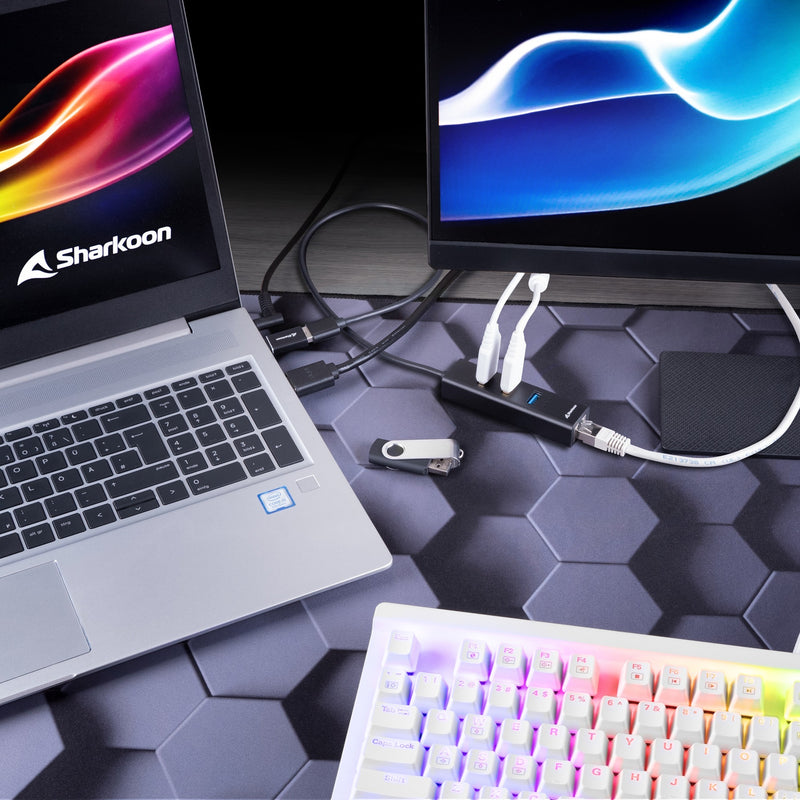 Load image into Gallery viewer, Sharkoon 3-port usb 3.2 gen 1 aluminium + gigabit lan dockingstation (zwart)

