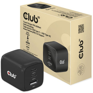 Club 3d travel charger 65w gan (zwart, 2x usb-c, 1x usb-a)