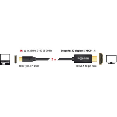 Delock usb-c (male) > hdmi (male) (dp alt mode) kabel (zwart, 2 meter, 4k 30 hz)