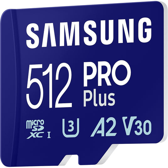 Samsung pro plus 512 gb microsdxc (2023) geheugenkaart (blauw, uhs-i u3, class 10, v30, a2)