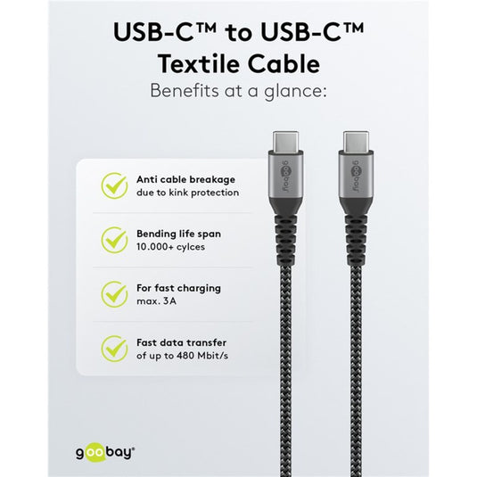 Goobay usb-c snellader nano (65 w) en usb-c textielkabel (zwart, 2x usb-c, 1x usb-a, 1 meter)