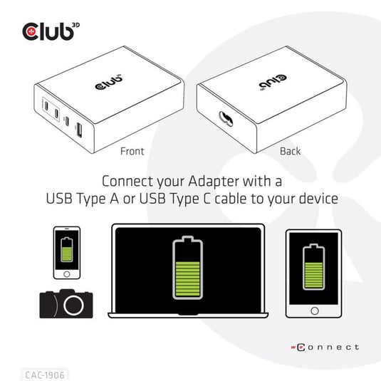 Club 3d travel charger 132w gan technology, four port usb type-a and -c (zwart, power delivery(pd) 3.0)
